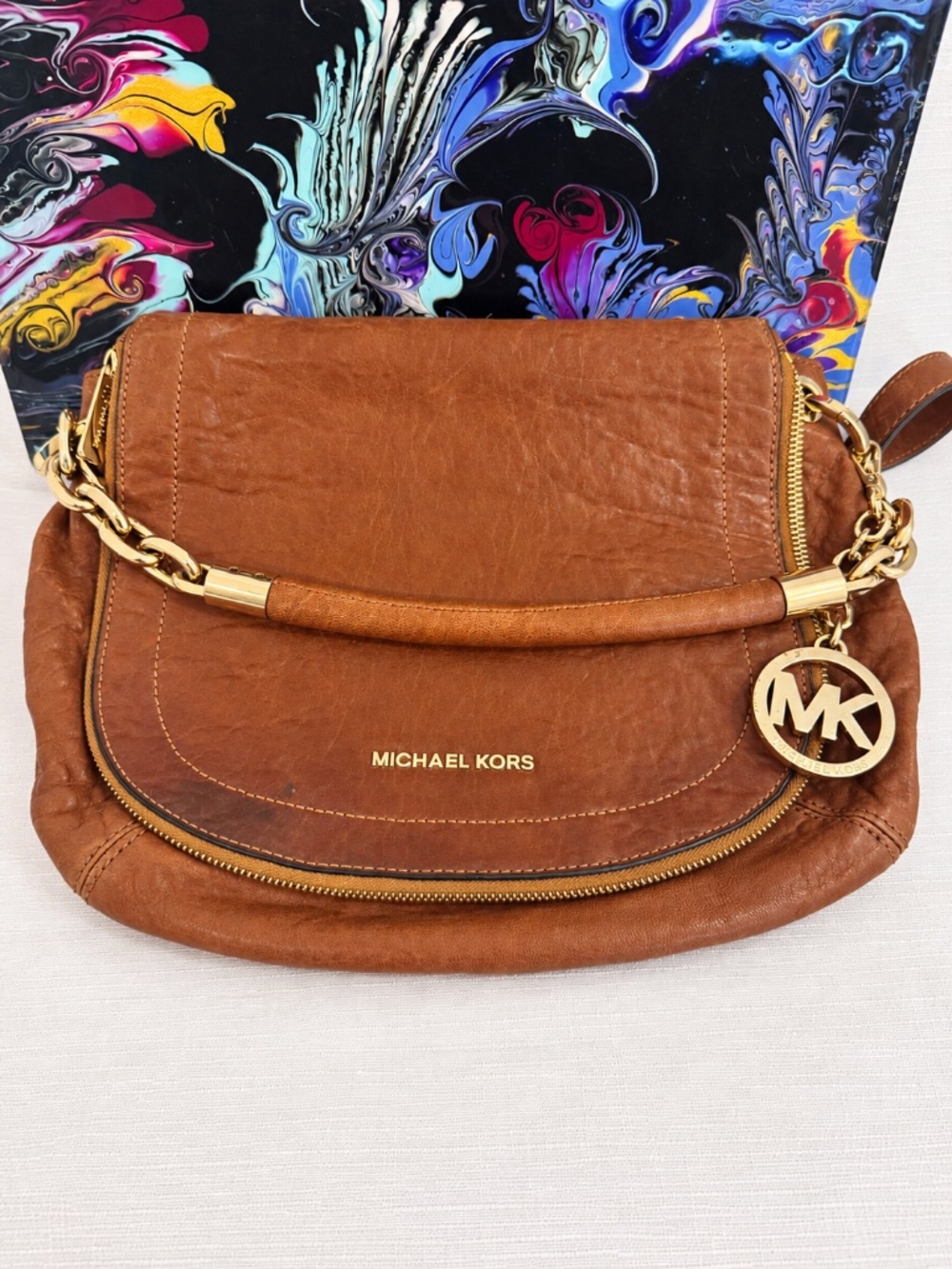 Michael Kors Cognac Leather Shoulder Crossbody Bag MK Charm Strap + Dust Bag
